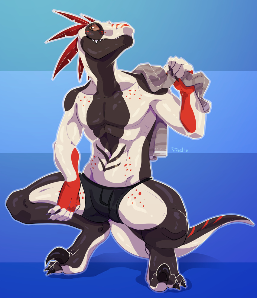 2016 3_toes 5_fingers clothed clothing dinosaur feathers fivel male midriff muscular muscular_male navel raptor red_feathers scalie simple_background smile solo teeth theropod toes topless towel underwear