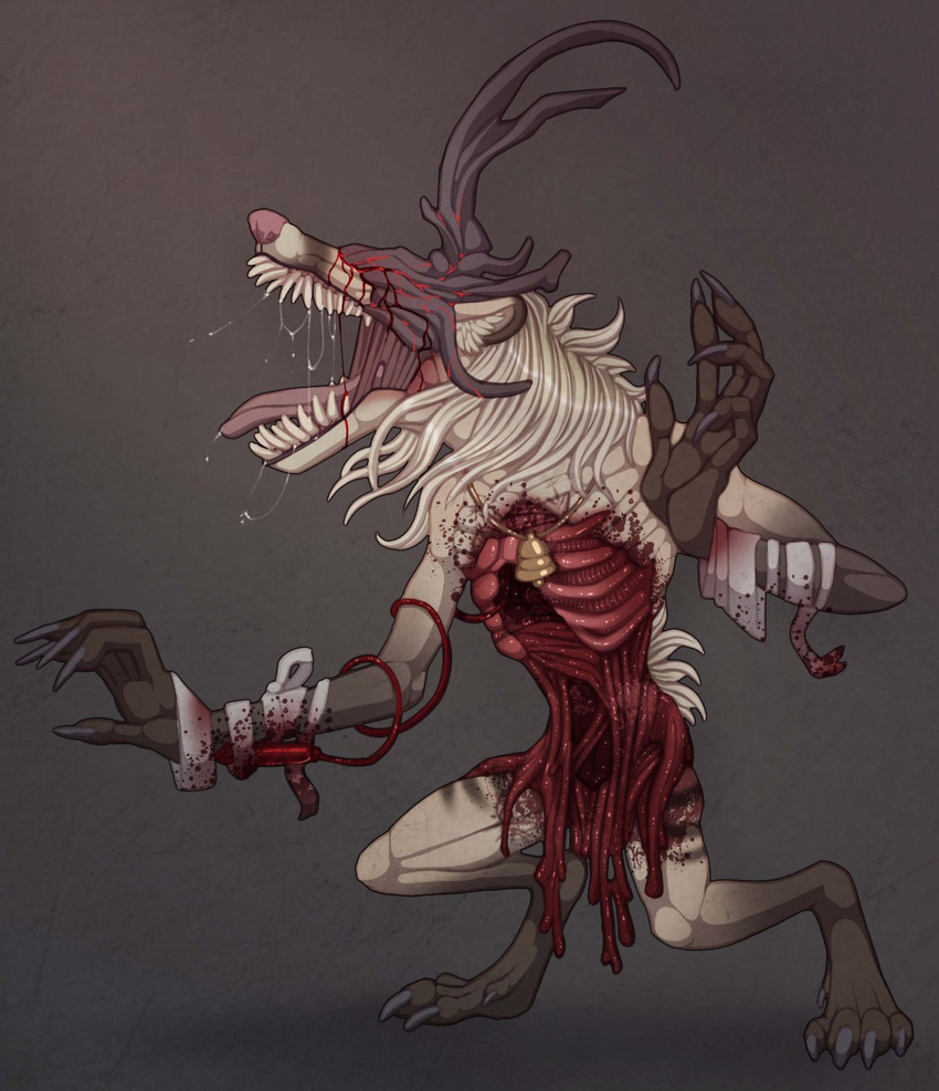 ambiguous_gender bandage bell blood bloodborne cleric_beast covered_eyes digitigrade drooling entrails evelyn_lacine exposed_ribcage fangs fauxlacine gore monster saliva tongue tongue_out transformation transformed