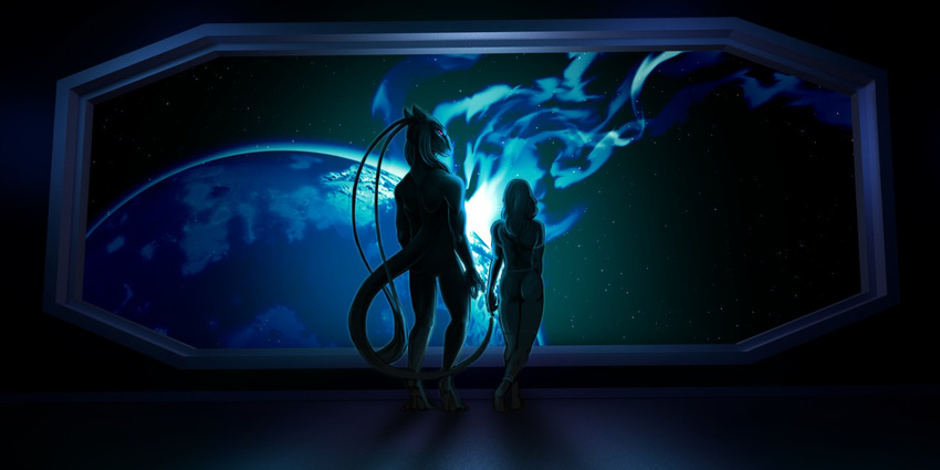 alien antennae anthro clothed clothing duo fauxlacine hair hi_res human mammal planet purple_eyes science_fiction space star starry_background unknown_species window