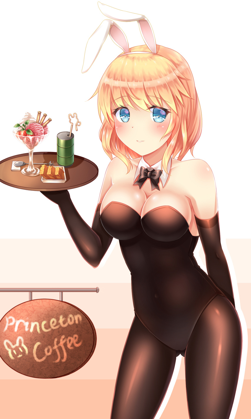 absurdres animal_ears bare_shoulders bauxite black_gloves black_legwear blonde_hair blue_eyes blush bow bowtie breasts bunny_ears bunnysuit character_name cleavage detached_collar drinking_straw drum_(container) elbow_gloves fake_animal_ears food gloves highres ice_cream large_breasts leotard looking_at_viewer pantyhose princeton_(zhan_jian_shao_nyu) short_hair sign smile solo spoon tray zhan_jian_shao_nyu zhou_yu_(ppaaqz1995)