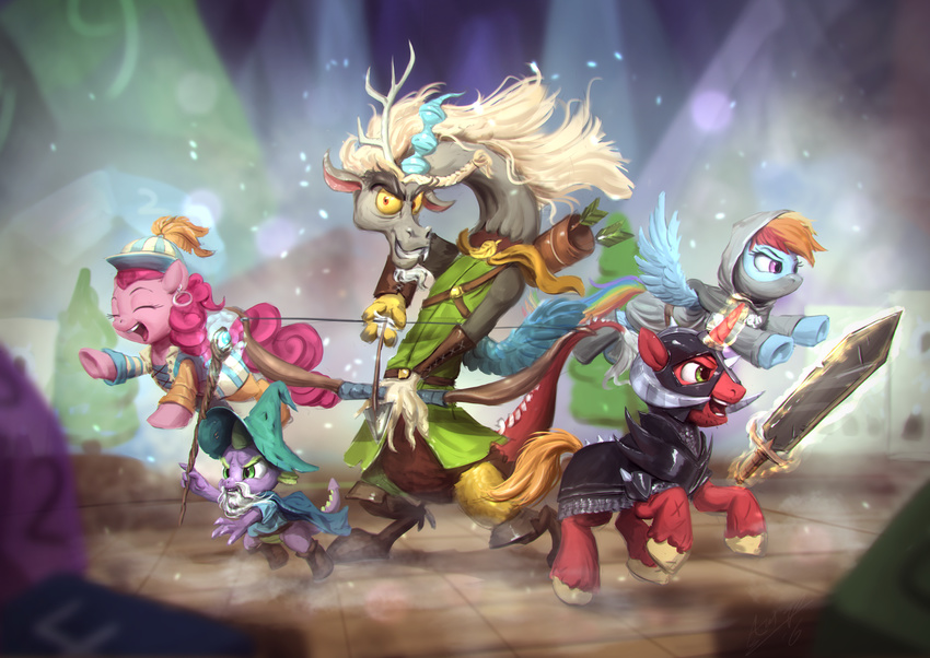 assasinmonkey beard big_macintosh_(mlp) blue_feathers blue_fur claws clothed clothing curved_horn discord_(mlp) draconequus dragon ear_piercing equine facial_hair feathered_wings feathers friendship_is_magic fur green_eyes grey_fur group hair hooves horn mammal multicolored_hair my_little_pony paws pegasus piercing pink_eyes pink_hair pinkie_pie_(mlp) rainbow_dash_(mlp) rainbow_hair ridged_horn spike_(mlp) white_hair wings