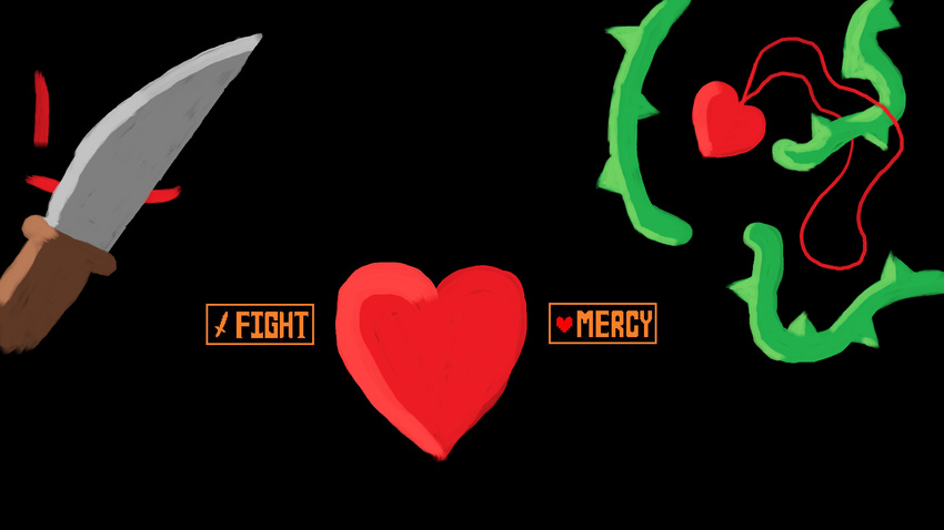 &lt;3 black_background chara_(undertale) fight goldforest_(artist) jewelry knife mercy necklace red_eyes simple_background soul thorns undertale video_games vines