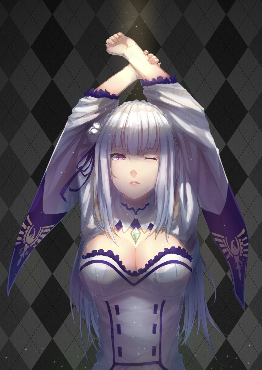 absurdres argyle argyle_background arms_up braid breasts cleavage cleavage_cutout crown_braid emilia_(re:zero) flower frills gem hair_flower hair_ornament highres long_hair looking_at_viewer medium_breasts one_eye_closed parted_lips purple_eyes re:zero_kara_hajimeru_isekai_seikatsu silver_hair solo stretch upper_body wide_sleeves yin_lan_xue