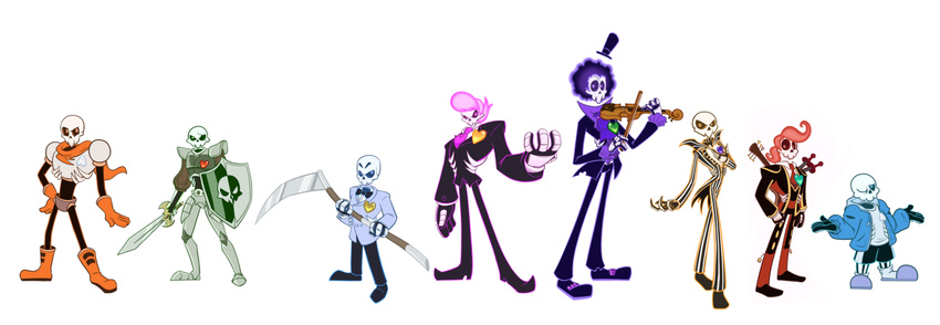6+boys afro armor atomi-cat black_hair blazer blue_eyes boots bow bowtie brook clenched_hand coat coattails commentary_request everyone formal gloves green_eyes grim_fandango guitar hand_on_hip hat heart instrument jack_skellington jacket lewis_(mystery_skulls) lineup long_image looking_at_viewer loose_socks male_focus manolo_sanchez manuel_calavera medievil multiple_boys music mystery_skulls necktie one_eye_closed one_piece orange_eyes papyrus_(undertale) parody pink_eyes pink_hair pinstripe_suit playing_instrument ponytail popped_collar purple_eyes purple_hair red_eyes sans scarf scythe shield shorts shrug simple_background single_eye sir_daniel_fortesque skeleton slippers socks standing striped style_parody suit sword the_book_of_life the_nightmare_before_christmas top_hat undertale uneven_eyes violin weapon white_background wide_image
