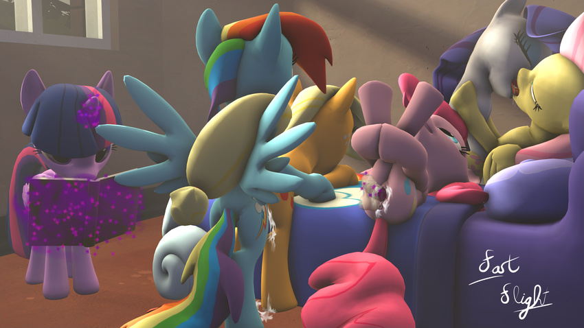 2016 3d_(artwork) anus applejack_(mlp) bed blonde_hair book butt cum cum_inside digital_media_(artwork) dildo drooling earth_pony equine fastflight female feral feral_on_feral fluttershy_(mlp) freckles french_kissing friendship_is_magic group group_sex hair half-closed_eyes hi_res hooves horn horse kissing lying magic mammal mane messy multicolored_hair my_little_pony on_back on_bed orgy pegasus penetration pink_hair pinkie_pie_(mlp) pony pussy rainbow_dash_(mlp) rainbow_hair rarity_(mlp) reading rear_view saliva sex sex_toy source_filmmaker sparkles twilight_sparkle_(mlp) unicorn vaginal vaginal_penetration wing_boner winged_unicorn wings