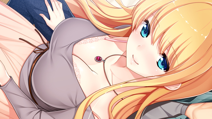 1girl bethly_rose_daisley blonde_hair blue_eyes blush bra breasts cleavage game_cg gin'iro_haruka jewelry koizumi_amane lace lace-trimmed_bra large_breasts long_hair looking_at_viewer necklace out_of_frame pink_bra pov smile solo_focus underwear