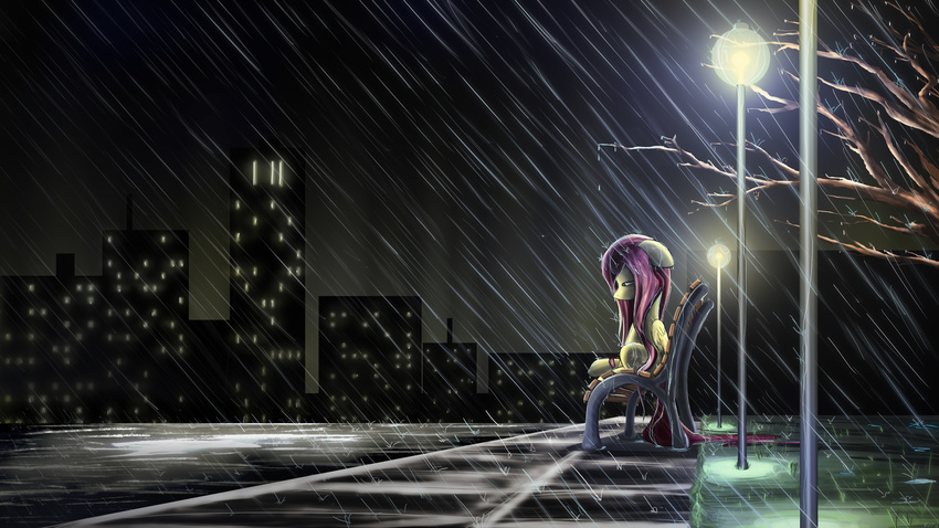 absurd_res bench cutie_mark detailed_background equine feathered_wings feathers female feral flamevulture17 fluttershy_(mlp) friendship_is_magic fur hair hi_res hooves mammal my_little_pony night nude outside pegasus pink_hair raining sitting solo street_lamp wings yellow_feathers yellow_fur