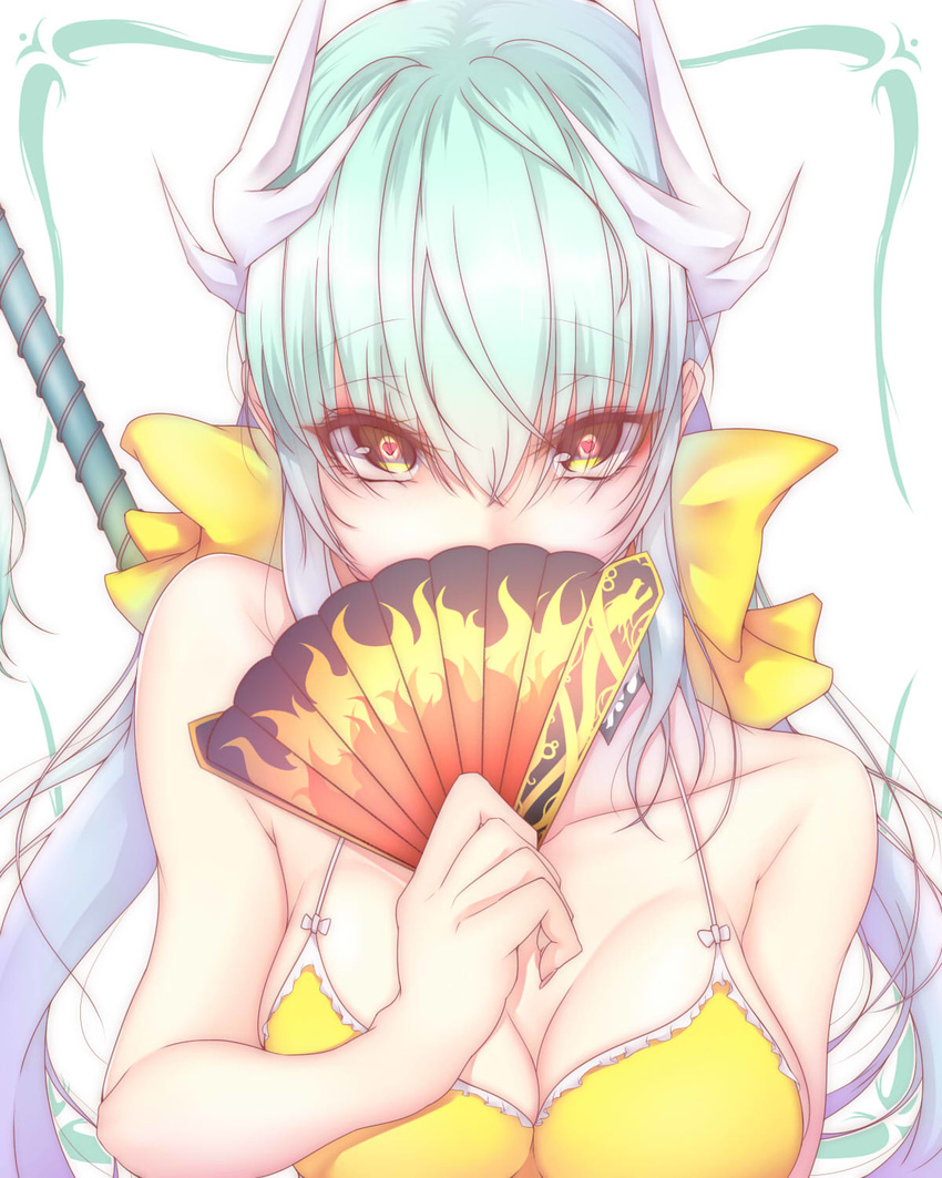 aqua_hair bare_shoulders behind_back bikini bikini_top blue_hair bow breasts cleavage collarbone covering_mouth eyebrows eyebrows_visible_through_hair fan fate/grand_order fate_(series) flame_print folding_fan gradient_hair green_hair hair_between_eyes hair_bow heart heart-shaped_pupils highres holding horns kiyohime_(fate/grand_order) kiyohime_(swimsuit_lancer)_(fate) long_hair looking_at_viewer medium_breasts multicolored_hair silver_hair simple_background solo swimsuit symbol-shaped_pupils tetsu_(excalibur920) upper_body white_background yellow_bikini yellow_bikini_top yellow_bow