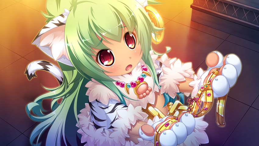 animal_ears blush cat_ears chain earrings fang game_cg giving gloves green_hair jewelry koihime_musou kuwada_yuuki long_hair midriff moukaku open_mouth paw_gloves paws red_eyes solo tail tiger_ears very_long_hair