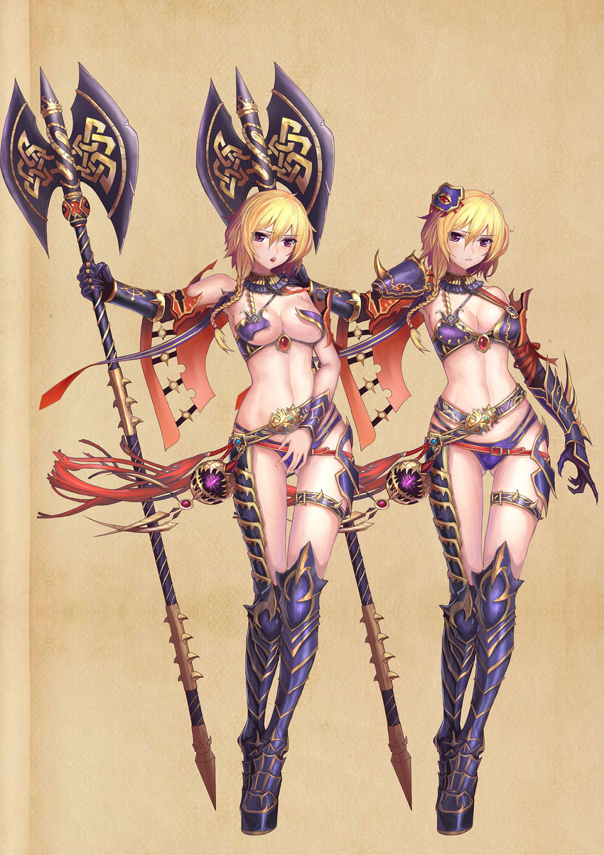 armor ass_visible_through_thighs asymmetrical_clothes bikini_armor blonde_hair blush covering detached_collar full_body highres looking_at_viewer multiple_views navel original parted_lips poleaxe purple_eyes senteiou short_hair shoulder_armor spaulders thigh_strap vambraces variations