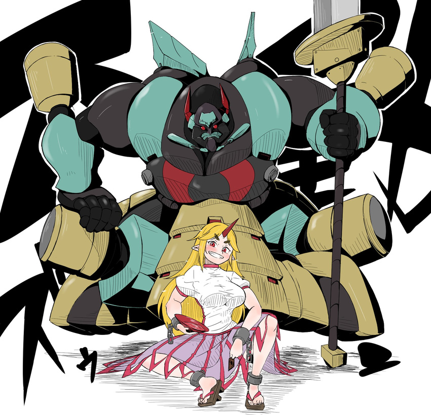 armor blonde_hair breasts chain duel_monster highres horn hoshiguma_yuugi large_breasts mecha oni pun red_eyes skirt solo superheavy_samurai_warlord_susanowo takeu thick_eyebrows touhou weapon yuu-gi-ou