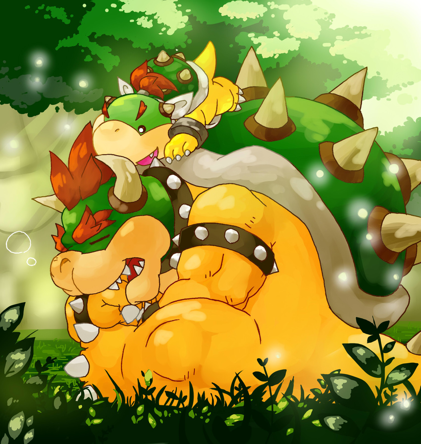 2016 anthro bowser bowser_jr. duo eyes_closed father grass hair hi_res horn koopa male mario_bros nintendo parent plant red_hair scalie shell sitting sleeping son spikes video_games ざぶまく