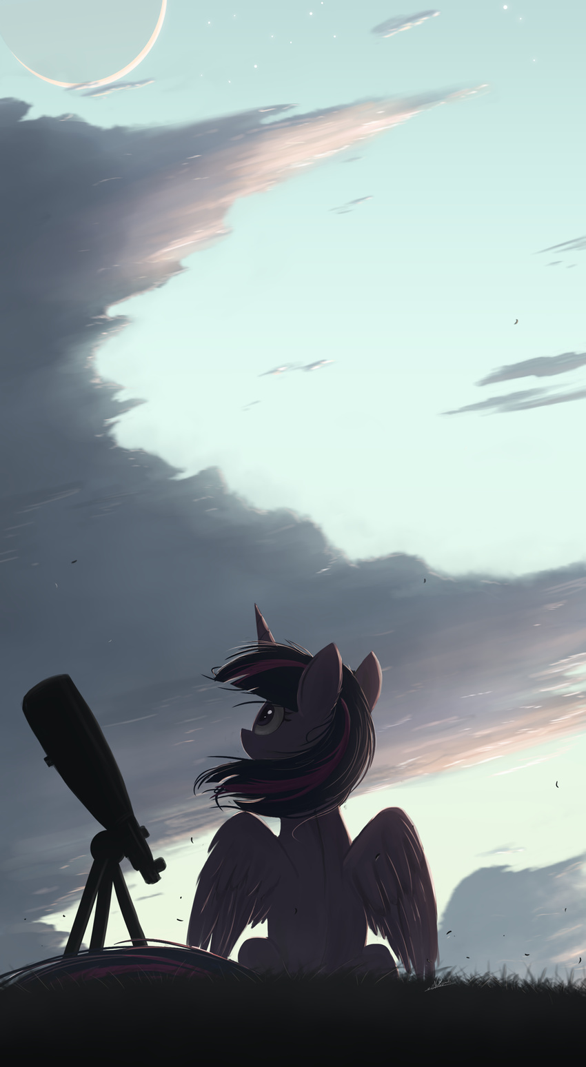 bare_back day detailed_background equine eyelashes feathered_wings feathers female feral friendship_is_magic fur grass horn mammal my_little_pony ncmares nude outside purple_feathers purple_fur sitting sky solo twilight_sparkle_(mlp) winged_unicorn wings