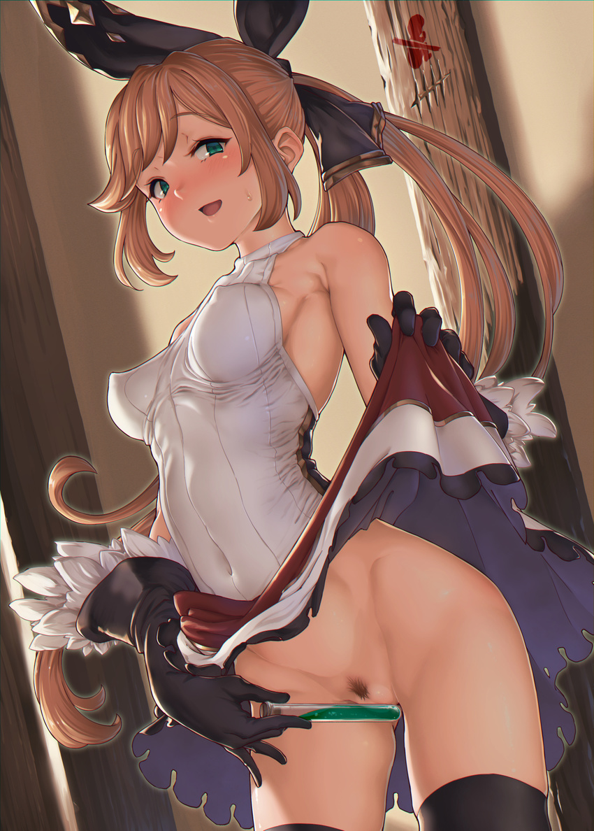 aya_shachou bare_shoulders black_gloves black_legwear blush breasts brown_hair clarisse_(granblue_fantasy) cover cover_page covered_nipples doujin_cover gloves granblue_fantasy green_eyes hair_ribbon halter_top halterneck highres long_hair looking_at_viewer medium_breasts no_panties open_mouth perky_breasts ponytail pubic_hair pussy ribbon skirt skirt_lift smile solo sweat test_tube thighhighs