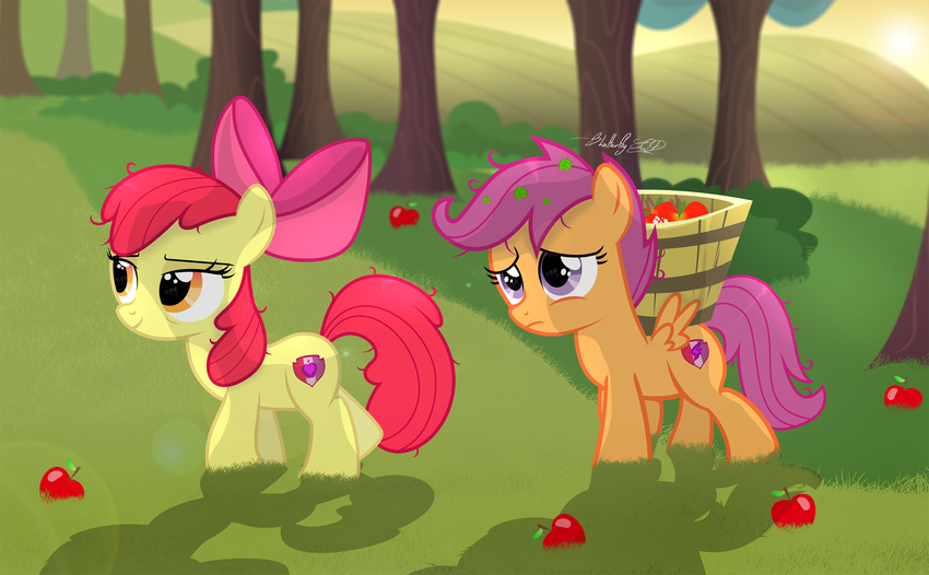 2016 apple apple_bloom_(mlp) bucket bush cutie_mark cutie_mark_crusaders_(mlp) duo earth_pony equine feathered_wings feathers female feral food friendship_is_magic fruit fur grass hair hair_bow hair_ribbon horse mammal multicolored_hair my_little_pony orange_feathers orange_fur outside pegasus plant pony purple_eyes purple_hair red_hair ribbons scootaloo_(mlp) shutterflyeqd tree wings yellow_fur