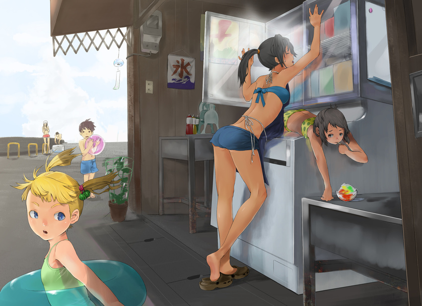 apron arched_back arms_up bad_id bad_pixiv_id ball beachball bikini blonde_hair brown_hair closed_eyes cloud day food from_behind hair_bobbles hair_ornament highres hot ice_cream ini innertube ketchup kooribata lying multiple_girls mustard on_stomach open_mouth original outdoors plant ponytail potted_plant refrigerator sandals shade shaved_ice short_shorts shorts sky sweat swimsuit table tongue weighing_scale wind_chime
