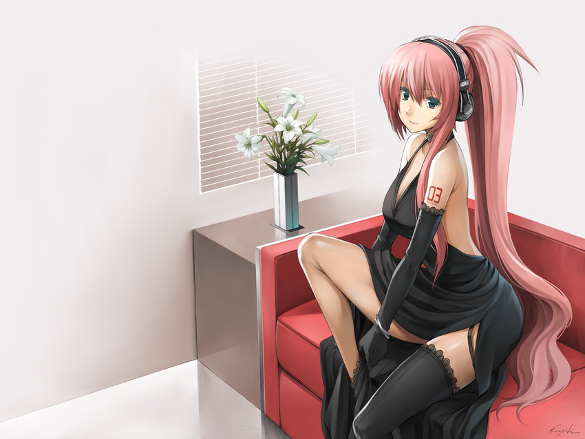 alternate_hairstyle aqua_eyes bad_id bad_pixiv_id bare_shoulders black_dress black_legwear bracelet breasts couch dress elbow_gloves flower gloves halterneck headphones highres jewelry kurojishi lace lace-trimmed_thighhighs large_breasts lily_(flower) long_hair megurine_luka pink_hair ponytail sitting smile solo thighhighs very_long_hair vocaloid