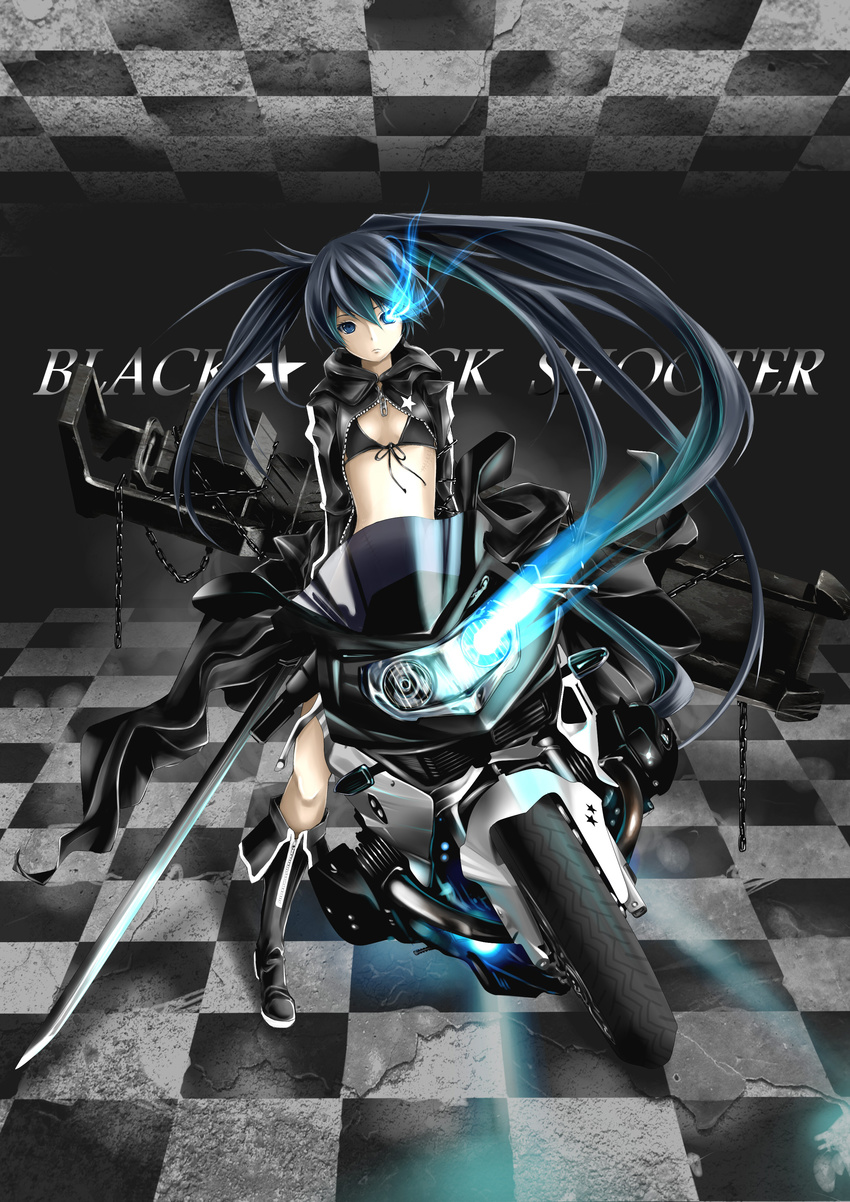 absurdres bikini_top black_hair black_rock_shooter black_rock_shooter_(character) blue_eyes boots burning_eye cannon coat front-tie_top ground_vehicle highres huge_weapon i-la long_hair motor_vehicle motorcycle scar solo sword twintails very_long_hair weapon