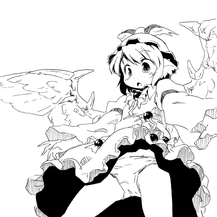 absurdres animal_ears dress face greyscale hat highres monochrome mystia_lorelei panties short_hair solo touhou underwear upskirt wings yudepii