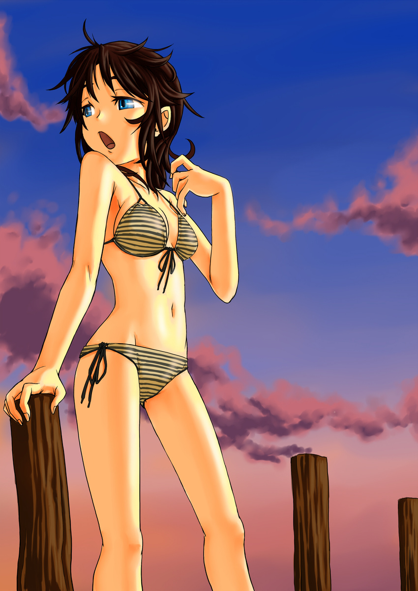 bad_id bad_pixiv_id bikini blue_eyes brown_hair cloud front-tie_top highres original short_hair side-tie_bikini solo striped striped_bikini swimsuit yawning yunsuke