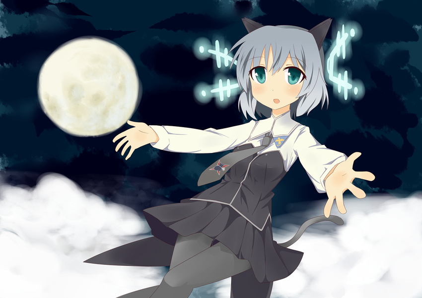 animal_ears antennae bad_id bad_pixiv_id black_legwear cat_ears cat_tail cloud full_moon green_eyes grey_hair hirschgeweih_antennas military military_uniform moon necktie night pantyhose pleated_skirt sanya_v_litvyak skirt solo strike_witches tail tunamayochan uniform world_witches_series