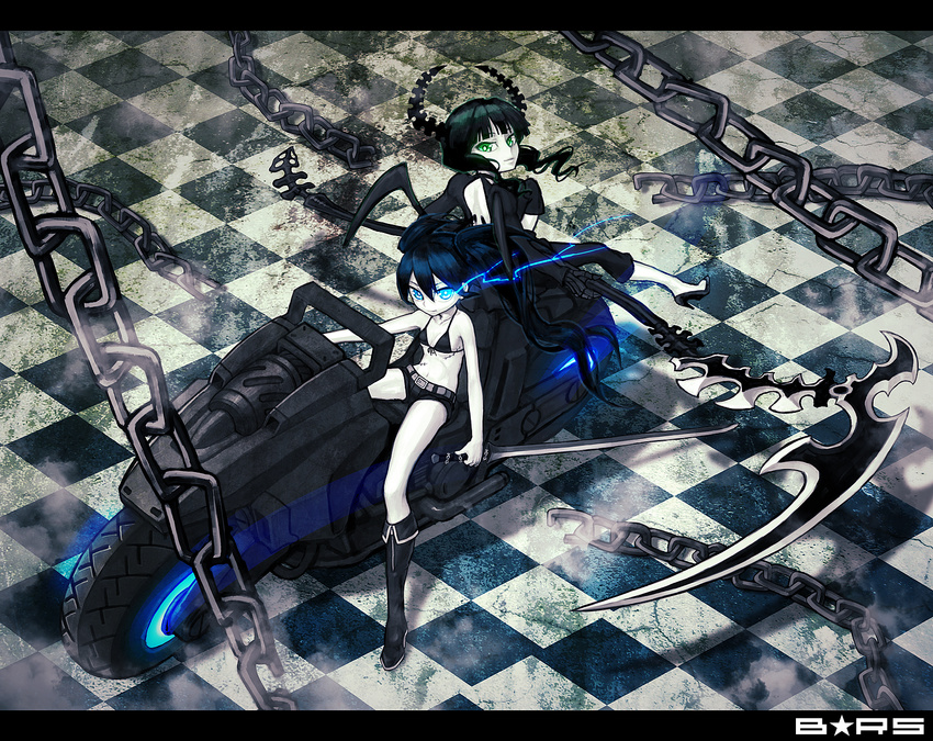 bad_id bad_pixiv_id bikini_top black_hair black_rock_shooter black_rock_shooter_(character) blue_eyes boots burning_eye chain dead_master glowing glowing_eyes green_eyes ground_vehicle highres long_hair midriff motor_vehicle motorcycle multiple_girls navel nikerabi pale_skin scar scythe shorts smile sword twintails weapon