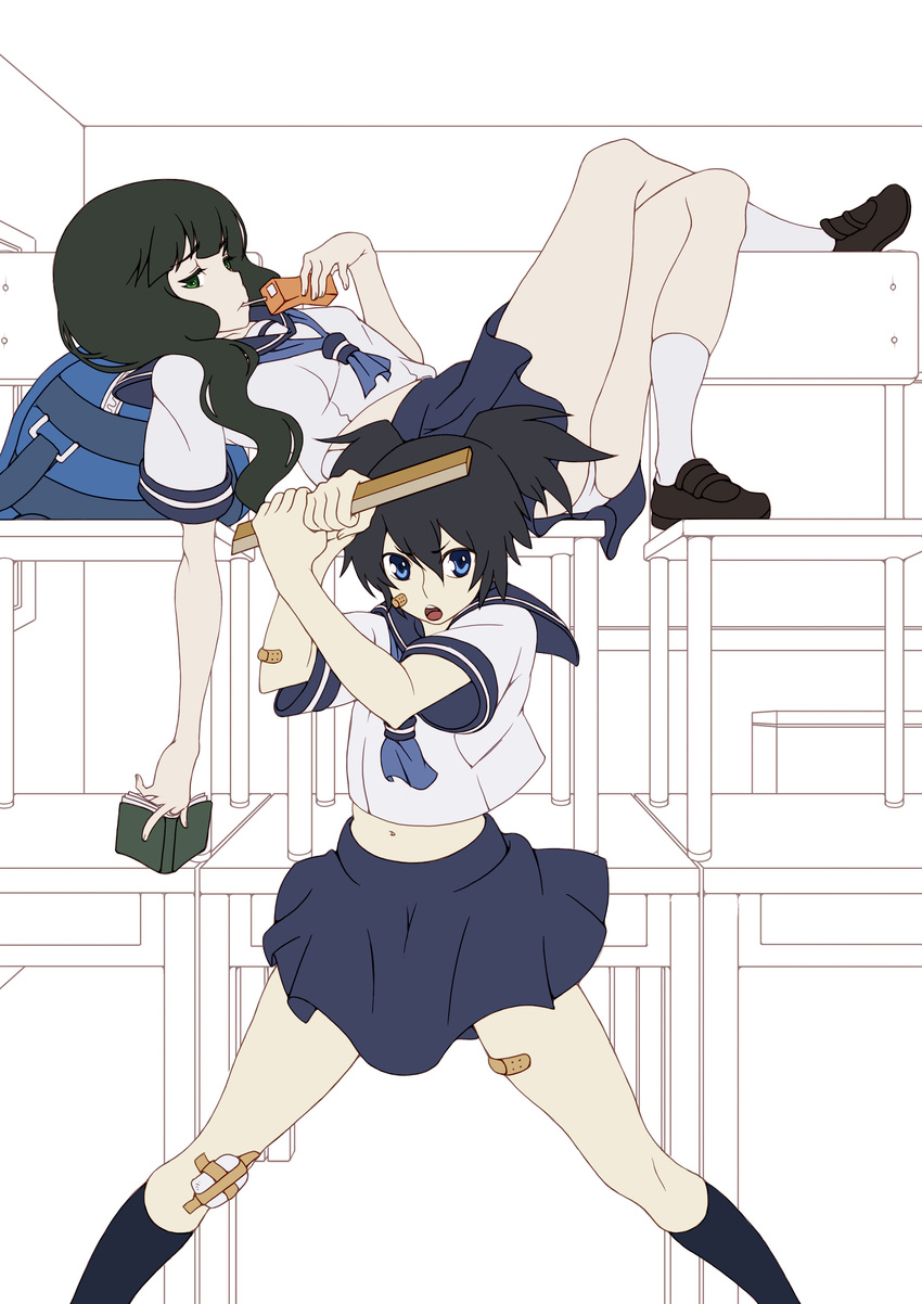 absurdres bad_id bad_pixiv_id bag bandaid bandaid_on_arm bandaid_on_face bandaid_on_leg black_rock_shooter blue_eyes book chair drinking drinking_straw green_eyes highres juice kuroi_mato long_hair lying midriff multiple_girls navel on_back open_mouth panties pantyshot pantyshot_(lying) ruler school_uniform serafuku short_hair short_twintails sketch skirt takanashi_yomi twintails underwear upskirt vinhnyu white_panties work_in_progress