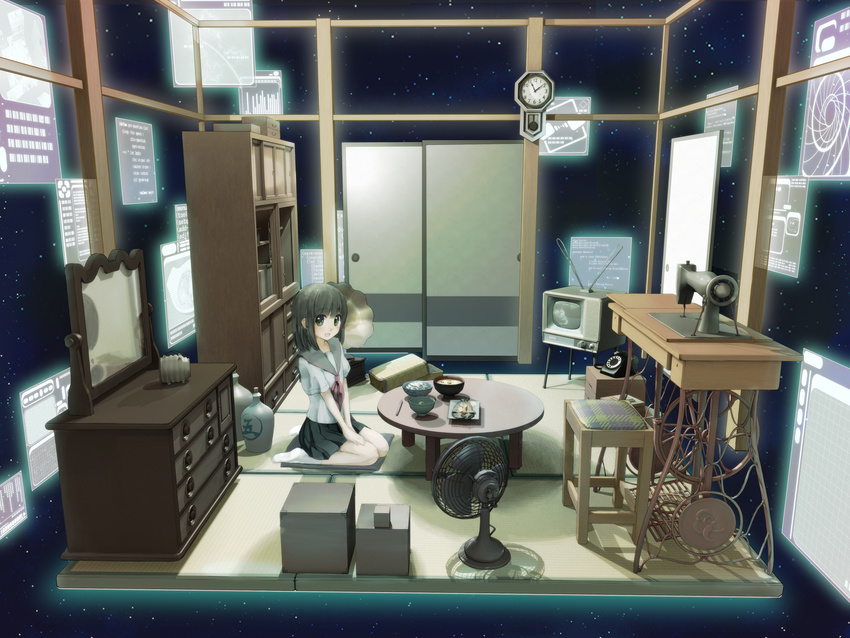 bad_id bad_pixiv_id bedroom black_hair bowl chest_of_drawers clock corded_phone electric_fan food green_eyes highres indoors kayari_buta kukumu mirror night night_sky original phone phonograph retro room school_uniform science_fiction seiza sewing_machine sitting sky socks solo source_code star_(sky) starry_sky table tatami television