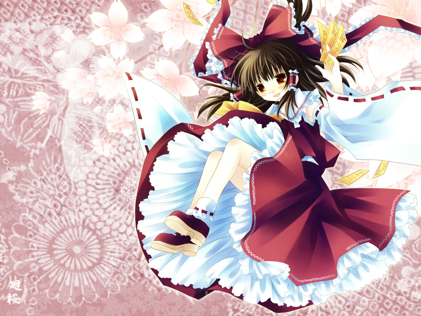 ascot bow brown_hair cherry_blossoms detached_sleeves flower frilled_bow frilled_shirt_collar frills hair_bow hair_tubes hakurei_reimu highres mary_janes nontraditional_miko open_mouth orange_eyes red_bow red_footwear red_ribbon red_shirt red_skirt ribbon ribbon-trimmed_sleeves ribbon_trim sakurazawa_izumi shirt shoes skirt socks solo source_request touhou wallpaper white_legwear white_skirt white_sleeves yellow_neckwear