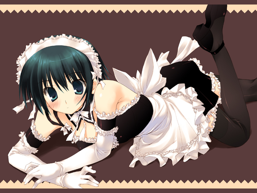 aqua_eyes aqua_hair blush elbow_gloves gloves highres kore_ga_watashi_no_goshujin-sama lying maid mitsumi_misato sawatari_izumi short_hair solo thighhighs zettai_ryouiki