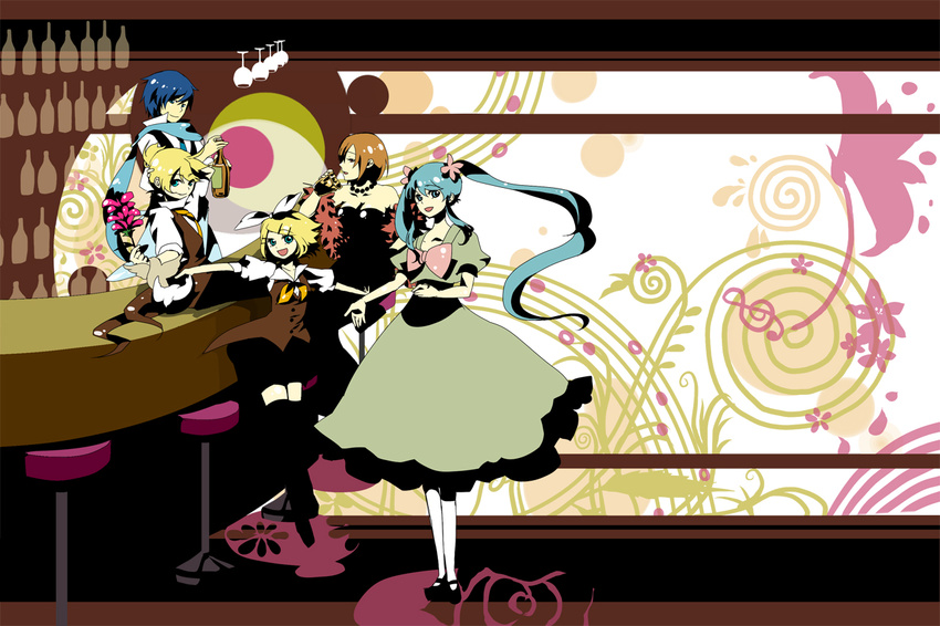 3girls bar bartender beads bird blonde_hair blue_eyes blue_hair blue_scarf bottle bow dress flower full_body hair_ribbon hashimochi hatsune_miku kagamine_len kagamine_rin kaito long_hair looking_at_viewer mary_janes meiko multiple_boys multiple_girls outstretched_arms pigeon puffy_sleeves red_hair ribbon scarf shawl shirt shoes short_hair short_sleeves siblings sitting smile spread_arms standing strapless strapless_dress thighhighs twins very_long_hair vest vocaloid white_legwear zettai_ryouiki