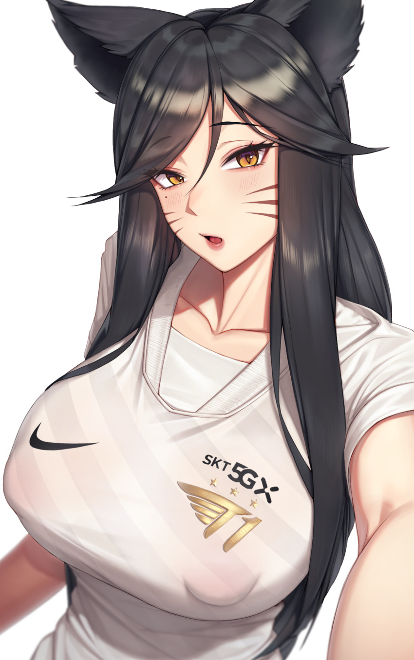 1girl ahri_(league_of_legends) animal_ears bangs black_hair blush breasts collarbone commentary covered_nipples english_commentary eyebrows_visible_through_hair eyelashes facial_mark foreshortening fox_ears hair_between_eyes head_tilt highres jersey large_breasts league_of_legends lips long_hair looking_at_viewer milfxxxiii mole mole_under_eye nike open_mouth orange_eyes parted_bangs puffy_nipples reaching_out selfie shiny shiny_hair shirt short_sleeves simple_background sk_telecom_t1 slit_pupils solo straight_hair tight tight_shirt tongue tsurime upper_body whisker_markings white_background white_shirt