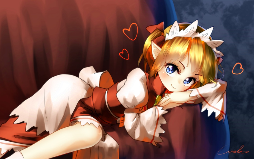 blonde_hair blue_background blue_eyes couch dress eyelashes gradient gradient_background hair_ribbon head_rest headdress heart juliet_sleeves long_sleeves looking_at_viewer lying no_wings obi on_side pointy_ears puffy_sleeves ribbon sash short_hair signature smile solo sunny_milk touhou welt_(kinsei_koutenkyoku)