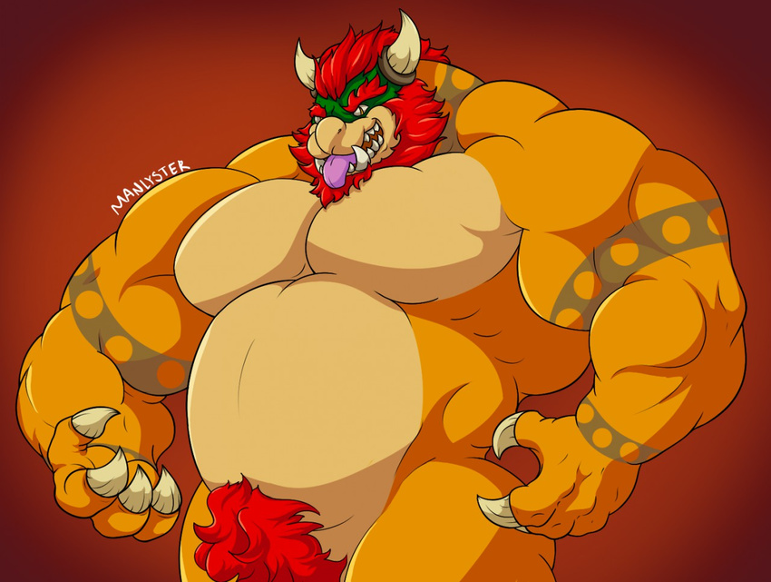 2015 4_fingers biceps bowser claws colored digital_drawing_(artwork) digital_media_(artwork) green_scales hair horn hyper hyper_muscles koopa light looking_at_viewer manly manlyster mario_bros markings multicolored_scales musclegut muscular nintendo nude obliques open_mouth orange_scales pecs pink_tongue pinup portrait pose pubes red_background red_eyebrows red_hair scales scalie serratus shaded signature simple_background slit_pupils snout solo standing teeth thick_neck three-quarter_portrait tongue tongue_out triceps video_games white_claws white_horn yellow_eyes