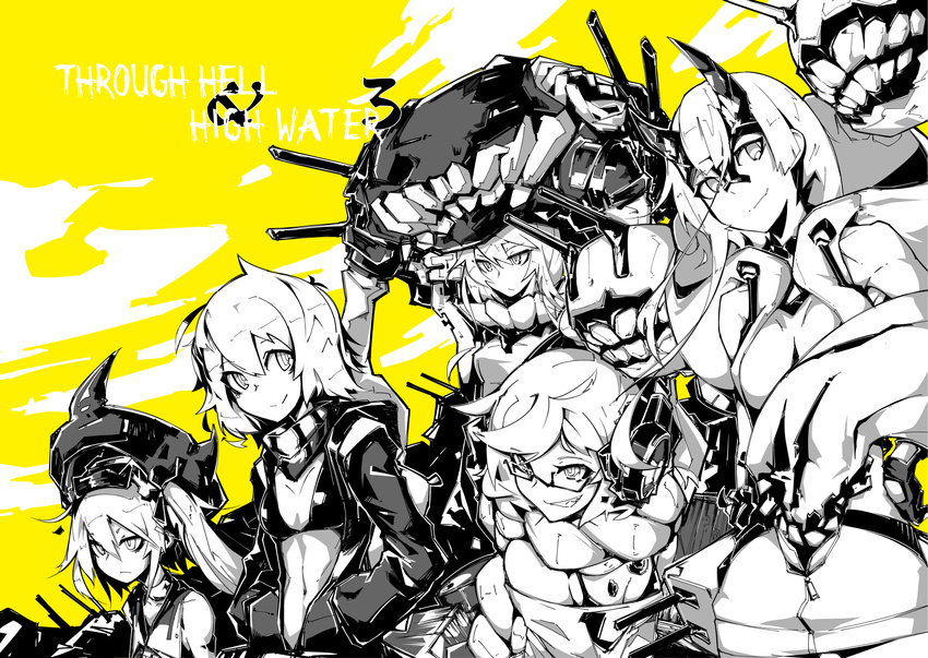backpack bag bikini_top braid breasts choker cleavage collar commentary_request convenient_censoring deel_(rkeg) destroyer_hime enemy_aircraft_(kantai_collection) english flat_chest glaring glasses gloves grin hair_scarf hand_on_hip hands_in_pockets headphones heavy_cruiser_hime helmet highres hood hood_down horns jacket kantai_collection looking_at_viewer monochrome multiple_girls open_clothes open_jacket re-class_battleship scarf shinkaisei-kan short_eyebrows short_hair short_hair_with_long_locks side_ponytail single_braid small_breasts smile supply_depot_hime teeth tentacles wo-class_aircraft_carrier
