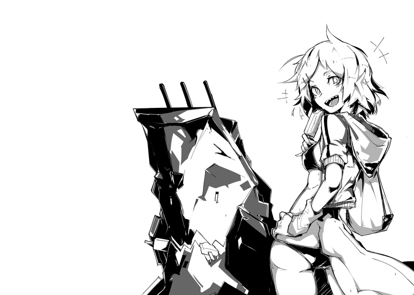 alternate_costume ass bag bikini blush breasts cropped_jacket deel_(rkeg) food from_behind greyscale hand_on_hip highres hood hood_down jacket kantai_collection looking_at_viewer looking_back messy_hair monochrome open_clothes open_jacket popsicle re-class_battleship sharp_teeth shinkaisei-kan short_hair short_sleeves shoulder_bag small_breasts smile solo swimsuit tail teeth