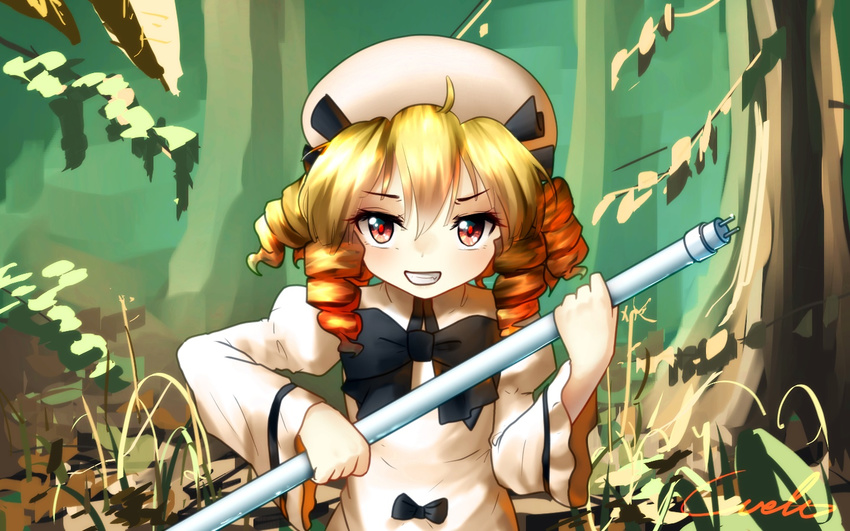 blonde_hair cattle_prod dress drill_hair eyelashes forest grin hat hat_ribbon juliet_sleeves long_sleeves luna_child nature no_wings puffy_sleeves red_eyes ribbon short_hair signature smile solo touhou welt_(kinsei_koutenkyoku) white_dress