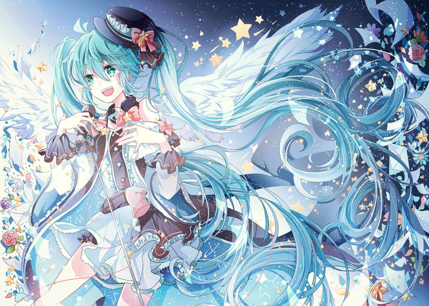 aqua_hair azure-aoi- flower green_eyes hat hatsune_miku highres long_hair microphone microphone_stand open_mouth solo star twintails very_long_hair vocaloid wings