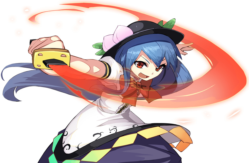 absurdres black_hat blue_hair blue_skirt bow bowtie cowboy_shot food fps fruit hat hat_leaf highres hinanawi_tenshi leaf long_hair looking_at_viewer open_mouth peach puffy_short_sleeves puffy_sleeves red_bow red_eyes red_neckwear shirt short_sleeves simple_background skirt slashing smile solo sword_of_hisou touhou white_background white_shirt