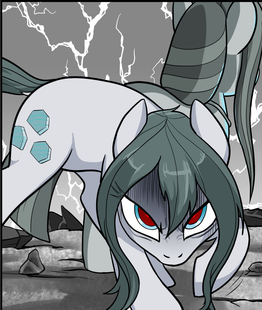 blue_eyes cave cloudy_quartz_(mlp) crouching cutie_mark daughter duo ears_back equine female feral friendship_is_magic fur grey_fur grey_hair hair horse lightning looking_at_viewer mammal marble_pie_(mlp) mother mother_and_daughter multicolored_hair my_little_pony parent pencils_(artist) pony red_eyes rock scowl two_tone_hair
