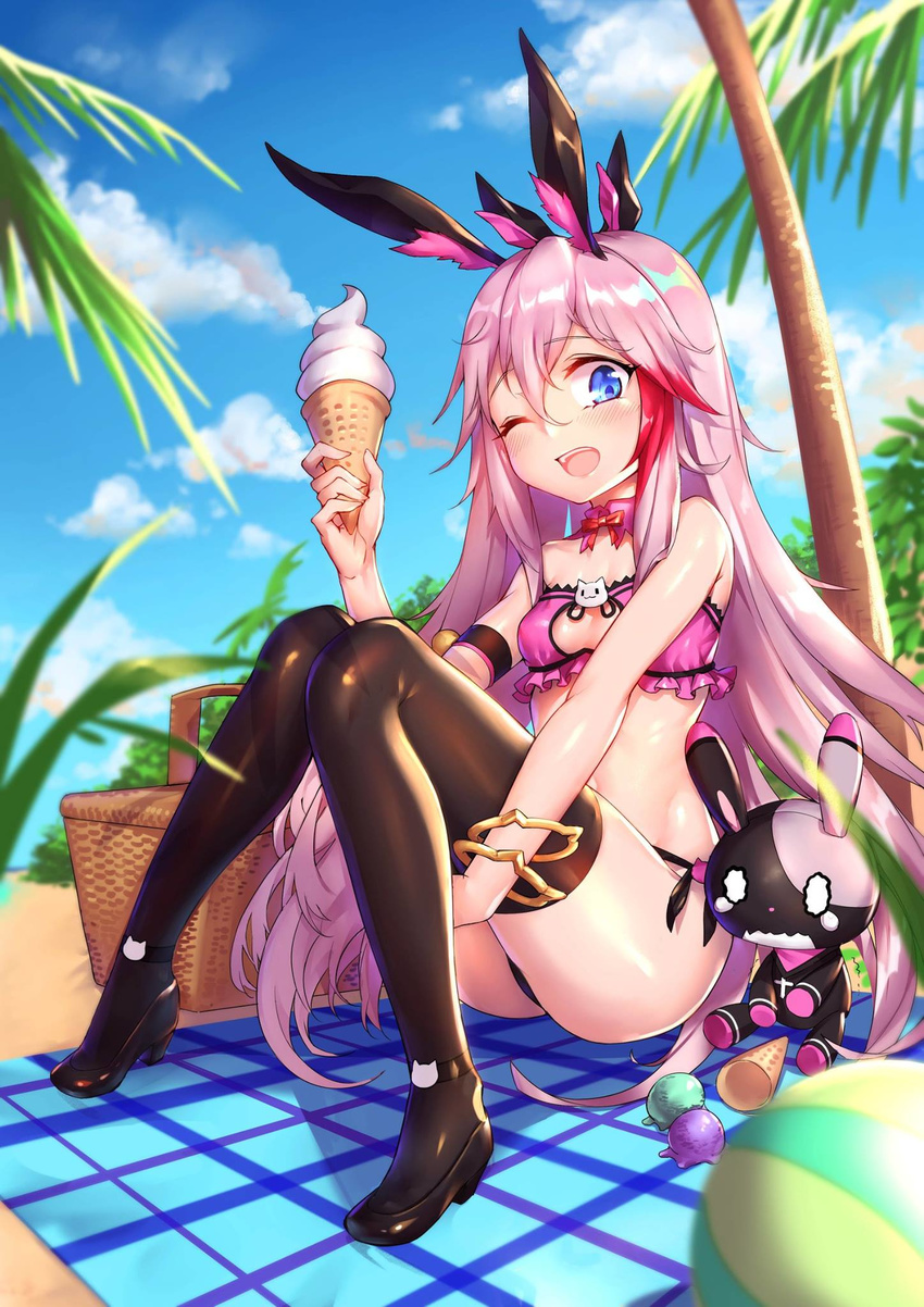 ;d animal_ears armband aura_kingdom beach black_legwear blue_eyes blurry blush bra bracelet breasts bunny_ears cat_lingerie cesela cleavage_cutout day depth_of_field detached_collar hair_between_eyes high_heels highres ice_cream_cone jewelry knees_together_feet_apart meme_attire one_eye_closed open_mouth outdoors panties picnic_basket pink_bra pink_hair shennai_misha shiny shiny_skin side-tie_panties sitting small_breasts smile solo thighhighs underwear underwear_only wavy_eyes