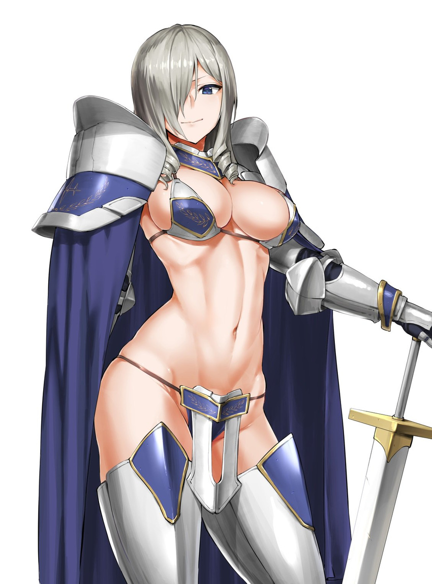 armor bikini_armor blue_eyes breasts cape cleavage contrapposto drill_hair gauntlets greaves hair_over_one_eye highres hiiragi_yuuichi large_breasts looking_at_viewer navel original pauldrons silver_hair simple_background smile solo standing sword thighhighs twin_drills weapon white_background