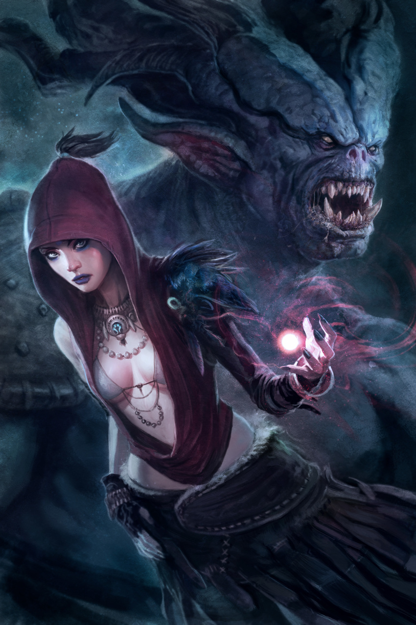 1girl blue_eyes breasts cleavage dragon_age fangs fingerless_gloves hood horns lipstick looking_at_viewer magic monster morrigan necklace orge pteruges purple_lips solid_eyes