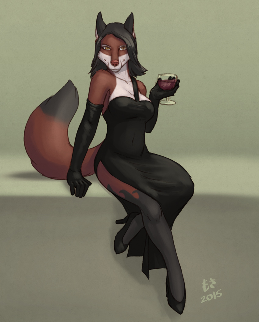 2015 5_fingers alcohol anthro beverage black_hair canine clothed clothing digital_media_(artwork) dipstick_tail dress elbow_gloves female footwear fox front_view fur glass gloves hair hi_res high_heels holding_glass holding_object looking_at_viewer mammal markings mosa multicolored_fur multicolored_tail orange_eyes pose sitting socks_(marking) solo wine