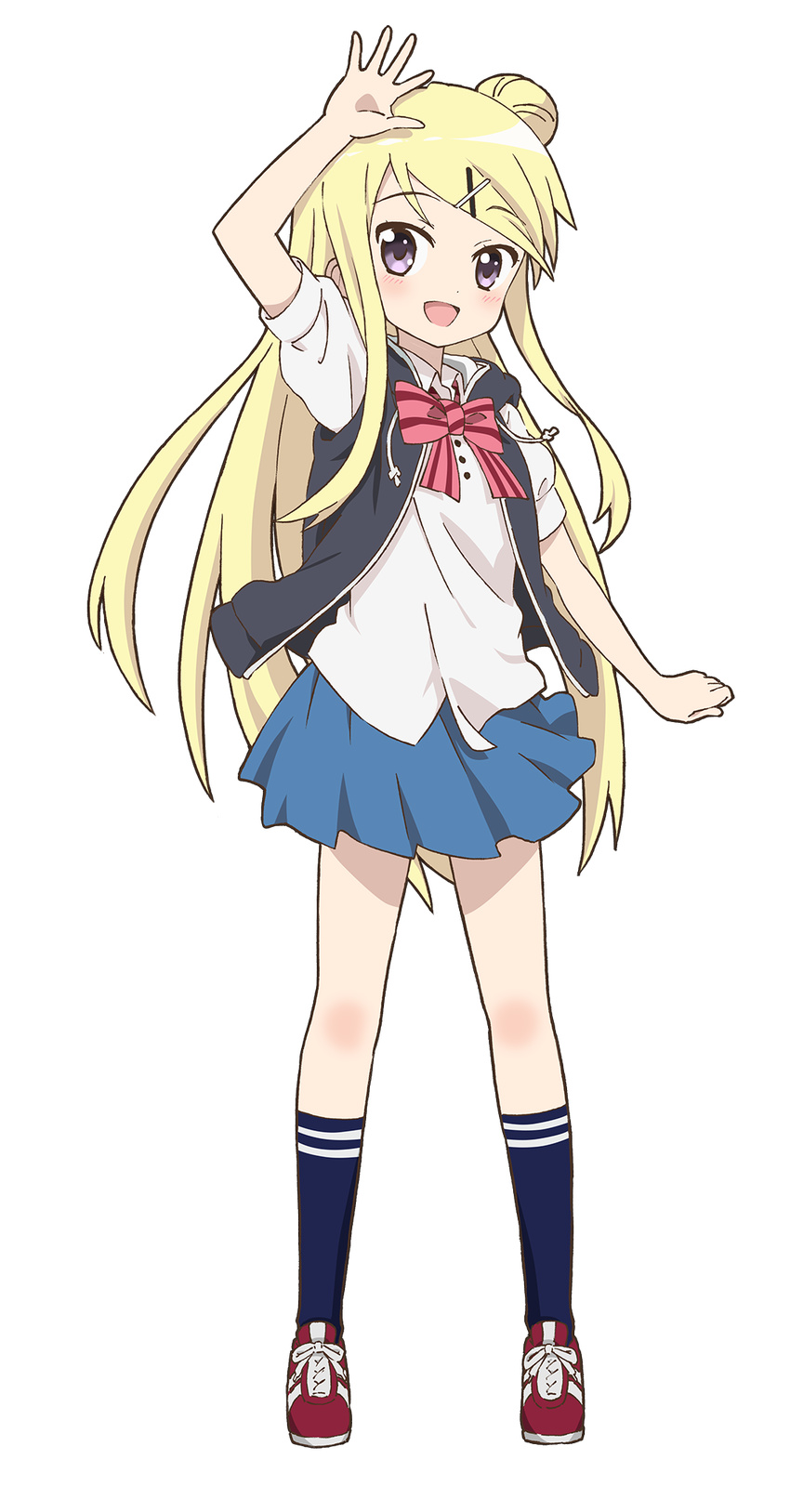 :d arm_up bangs blonde_hair blue_skirt bow bowtie collared_shirt eyebrows eyebrows_visible_through_hair full_body hair_bun hair_ornament hairclip hara_yui head_tilt highres hood hooded_jacket jacket kin-iro_mosaic kneehighs kujou_karen long_hair navy_blue_legwear official_art open_clothes open_jacket open_mouth puffy_short_sleeves puffy_sleeves purple_eyes red_bow red_footwear red_neckwear school_uniform shirt shoes short_sleeves skirt smile sneakers solo striped striped_bow striped_neckwear swept_bangs transparent_background very_long_hair waving white_shirt wing_collar x_hair_ornament