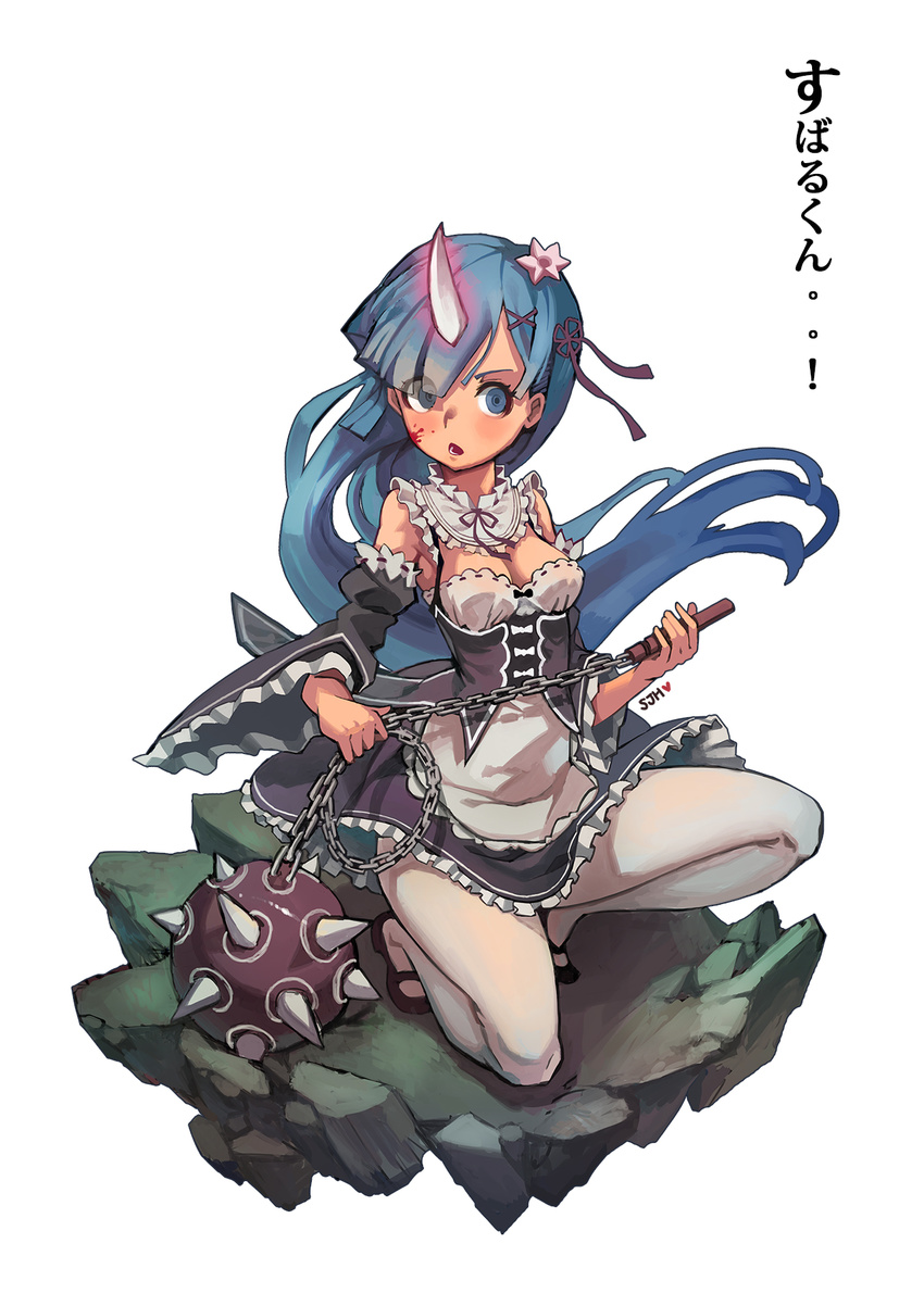 alternate_hair_length alternate_hairstyle artist_name blood blood_on_face blue_eyes blue_hair breasts chain cleavage detached_collar detached_sleeves flower frilled_sleeves frills glowing glowing_horn hair_flower hair_ornament hair_over_one_eye hair_ribbon highres horn jehyun long_hair mace maid one_knee open_mouth pantyhose re:zero_kara_hajimeru_isekai_seikatsu rem_(re:zero) ribbon small_breasts solo very_long_hair weapon white_legwear wide_sleeves x_hair_ornament