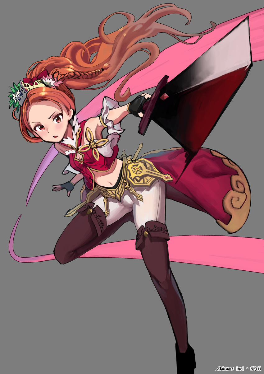 :o absurdres alternate_costume artist_name bare_shoulders blush boots braid brown_eyes brown_footwear brown_hair brown_legwear character_name fingerless_gloves flower foreshortening gloves hair_flower hair_ornament highres idolmaster idolmaster_(classic) idolmaster_cinderella_girls jehyun long_hair midriff minase_iori navel pants solo standing standing_on_one_leg sword thigh_boots thighhighs tiara v-shaped_eyebrows weapon