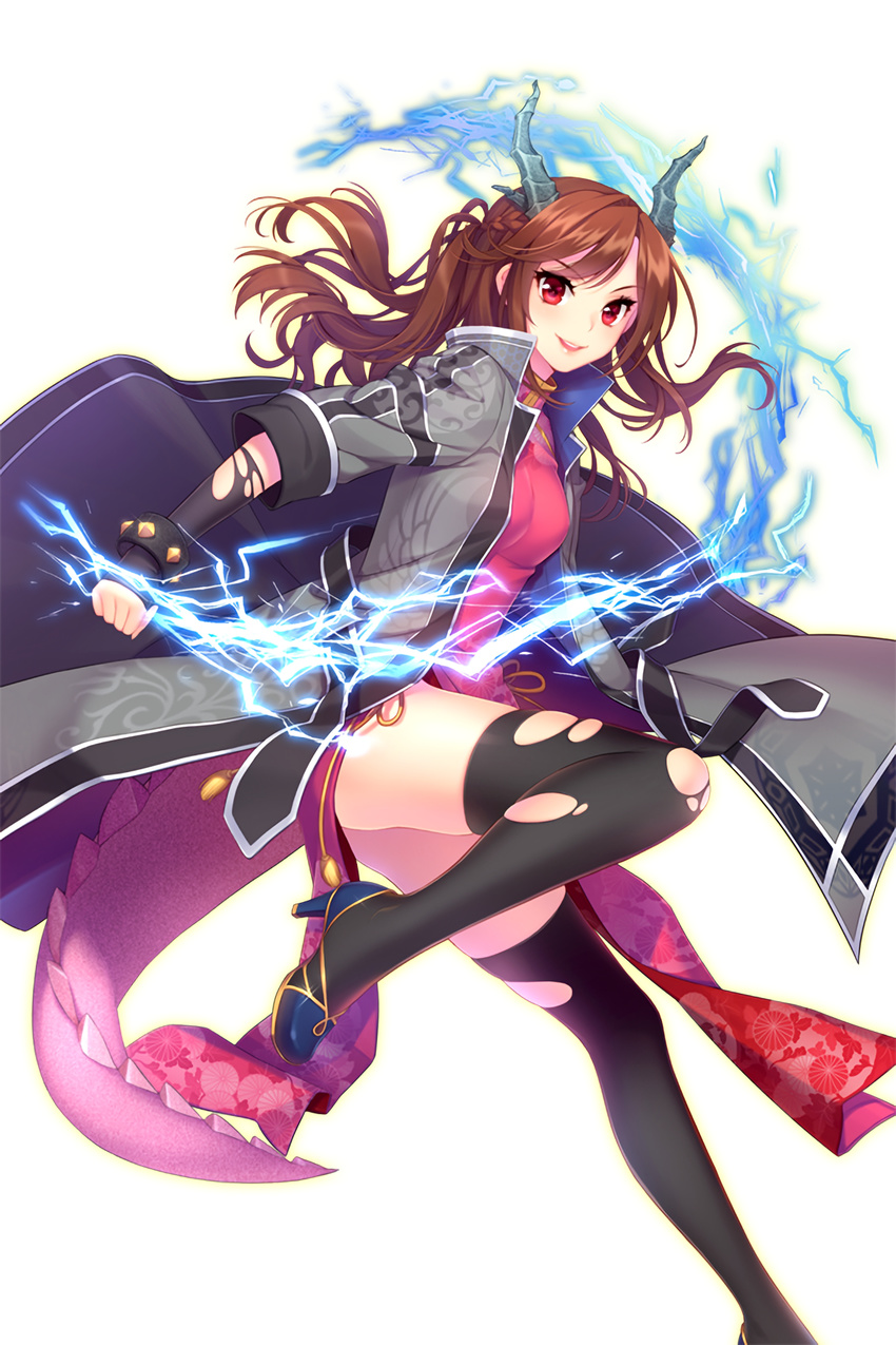 black_legwear brown_hair electricity high_heels highres horns jacket leg_up long_hair looking_at_viewer official_art open_mouth red_eyes shirahane_nao sky_(soccer_spirits) soccer_spirits solo thighhighs transparent_background