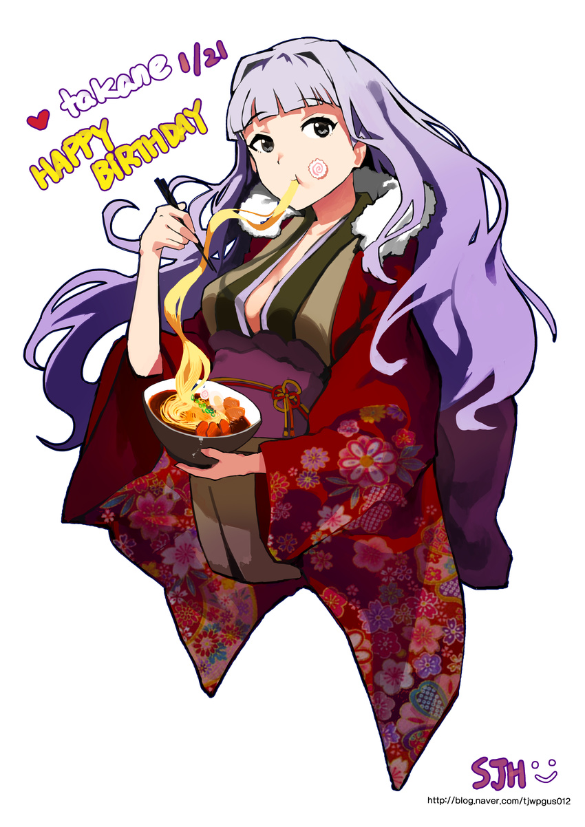 absurdres artist_name breasts character_name chopsticks cleavage dated eating food food_on_face hairband happy_birthday highres idolmaster idolmaster_(classic) japanese_clothes jehyun kimono long_hair looking_at_viewer medium_breasts noodles obi purple_eyes ramen sash shijou_takane silver_hair solo watermark wavy_hair web_address wide_sleeves