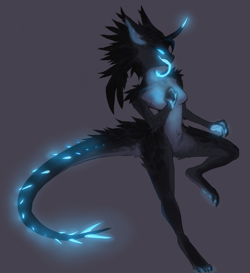 anthro big_ears blue_eyes blue_sclera breasts cannibalistic_tendencies dragon female fur furred_dragon glowing glowing_eyes glowing_tongue horn naoru simple_background solo tongue tongue_out